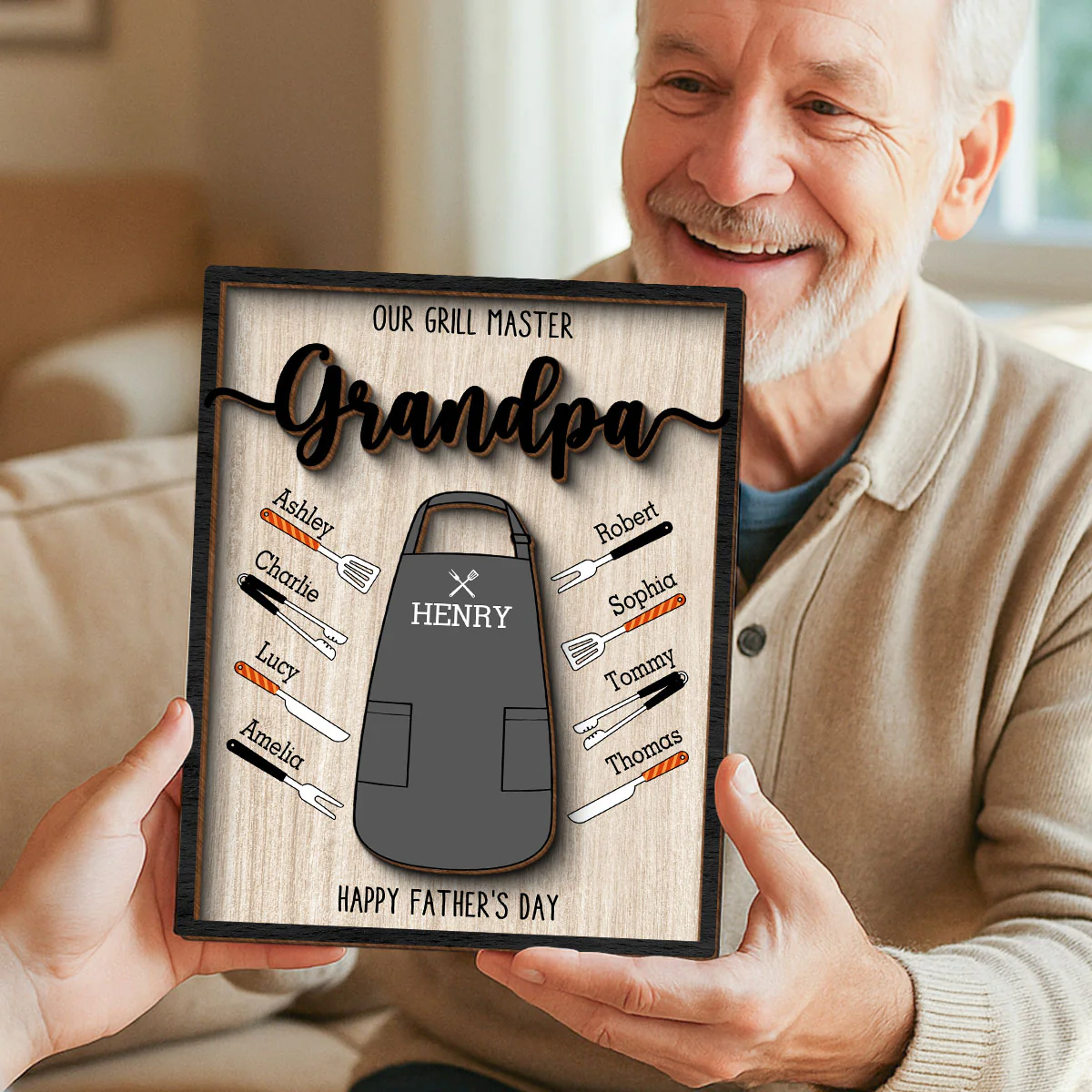 Our Grill Master Apron And Tools With Kids' Names Personalized 2-Layer Wooden Plaque, Gift For Husband, For Dad, For Grandpa - Image 2