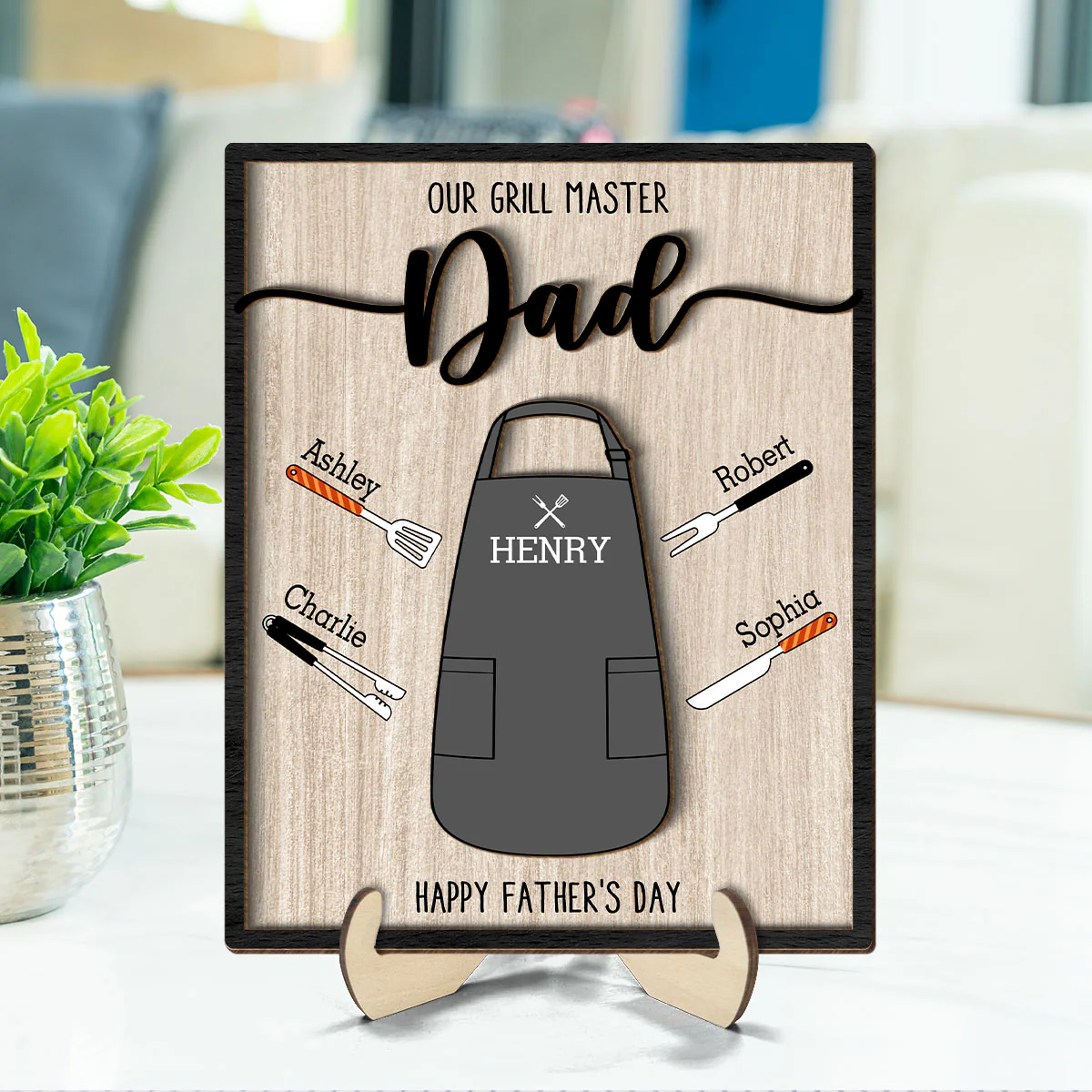 Our Grill Master Apron And Tools With Kids' Names Personalized 2-Layer Wooden Plaque, Gift For Husband, For Dad, For Grandpa - Image 3