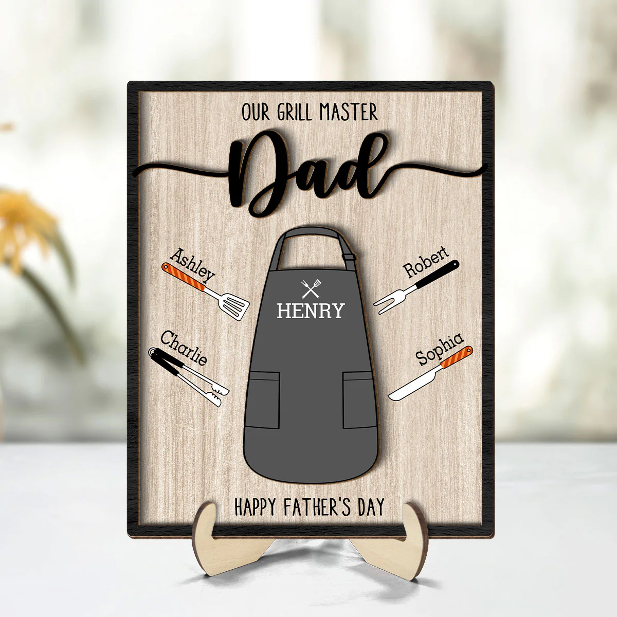 Our Grill Master Apron And Tools With Kids' Names Personalized 2-Layer Wooden Plaque, Gift For Husband, For Dad, For Grandpa - Image 4