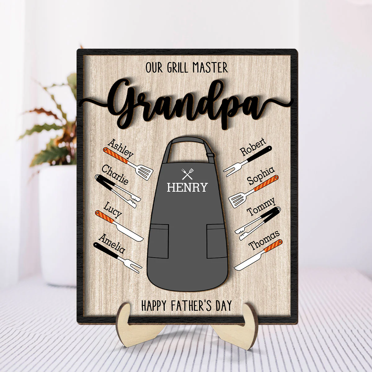 Our Grill Master Apron And Tools With Kids' Names Personalized 2-Layer Wooden Plaque, Gift For Husband, For Dad, For Grandpa - Image 5