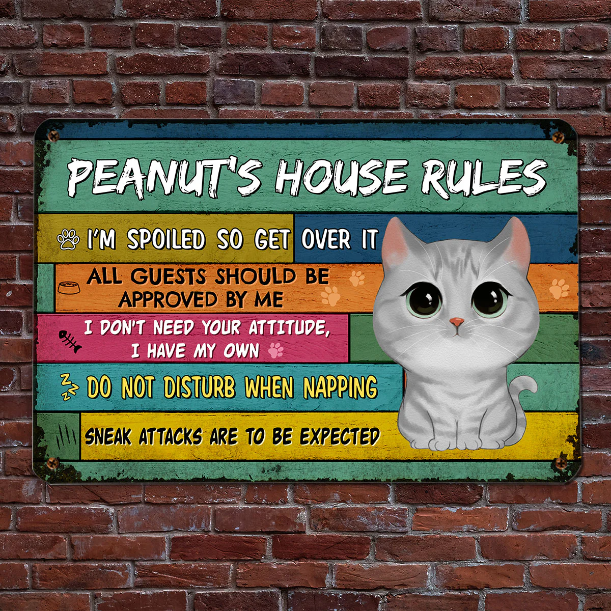 Our House Our Rules Watercolor Cute Cats Personalized Metal Sign - Image 2