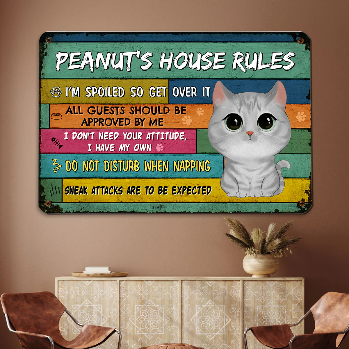 Our House Our Rules Watercolor Cute Cats Personalized Metal Sign - Image 3