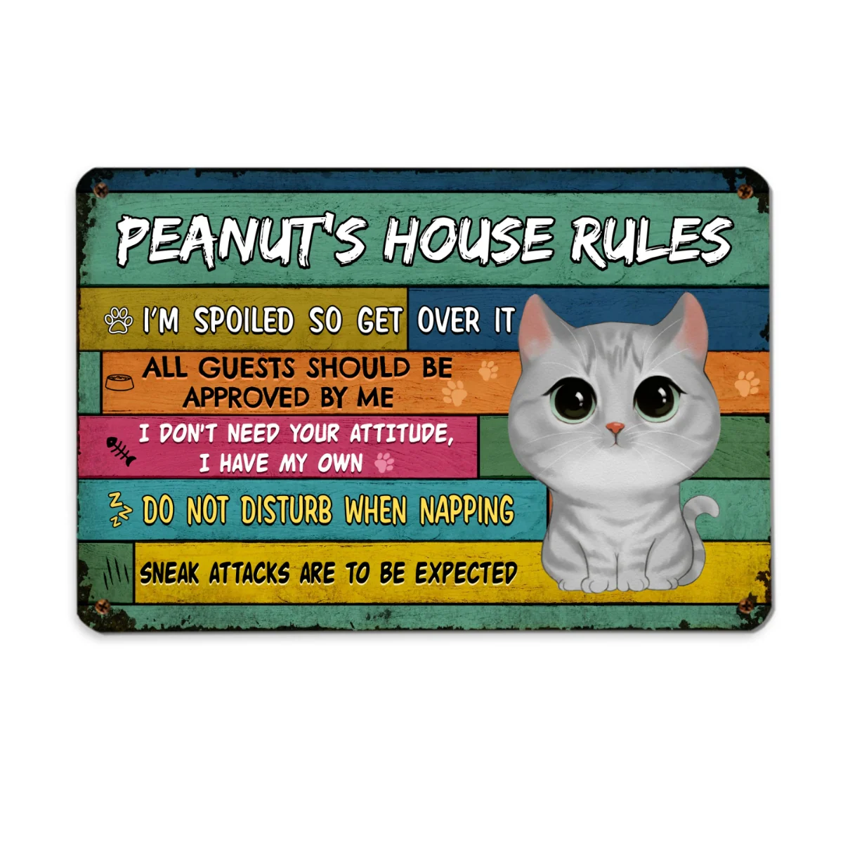 Our House Our Rules Watercolor Cute Cats Personalized Metal Sign - Image 4