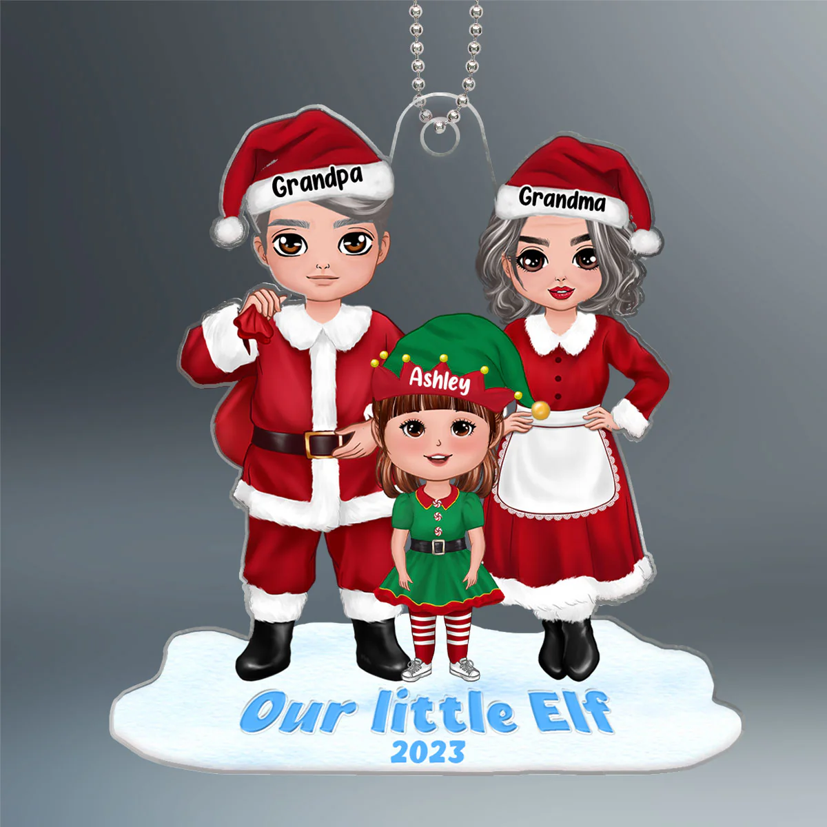Our Little Elves Grandpa Grandma Claus Personalized Acrylic Ornament - Image 2