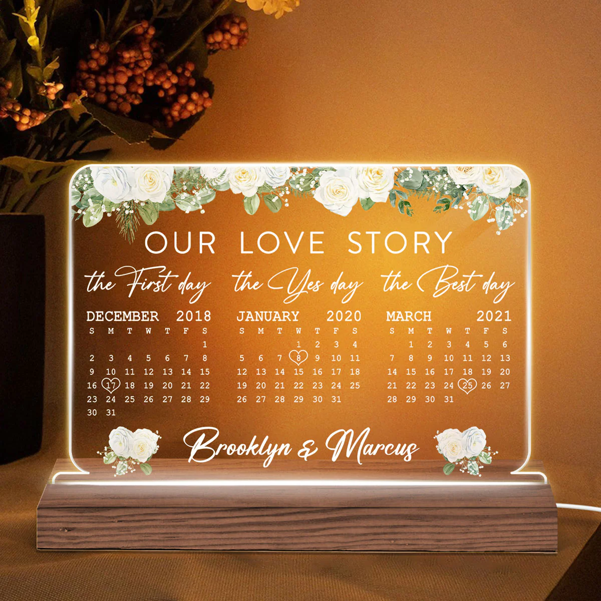 Our Love Story Anniversary Date Calendar Personalized Horizontal Rectangle Acrylic Plaque With LED Night Light - Anniversary Gift For Couple - Gift For Him, Gift For Her - Image 2
