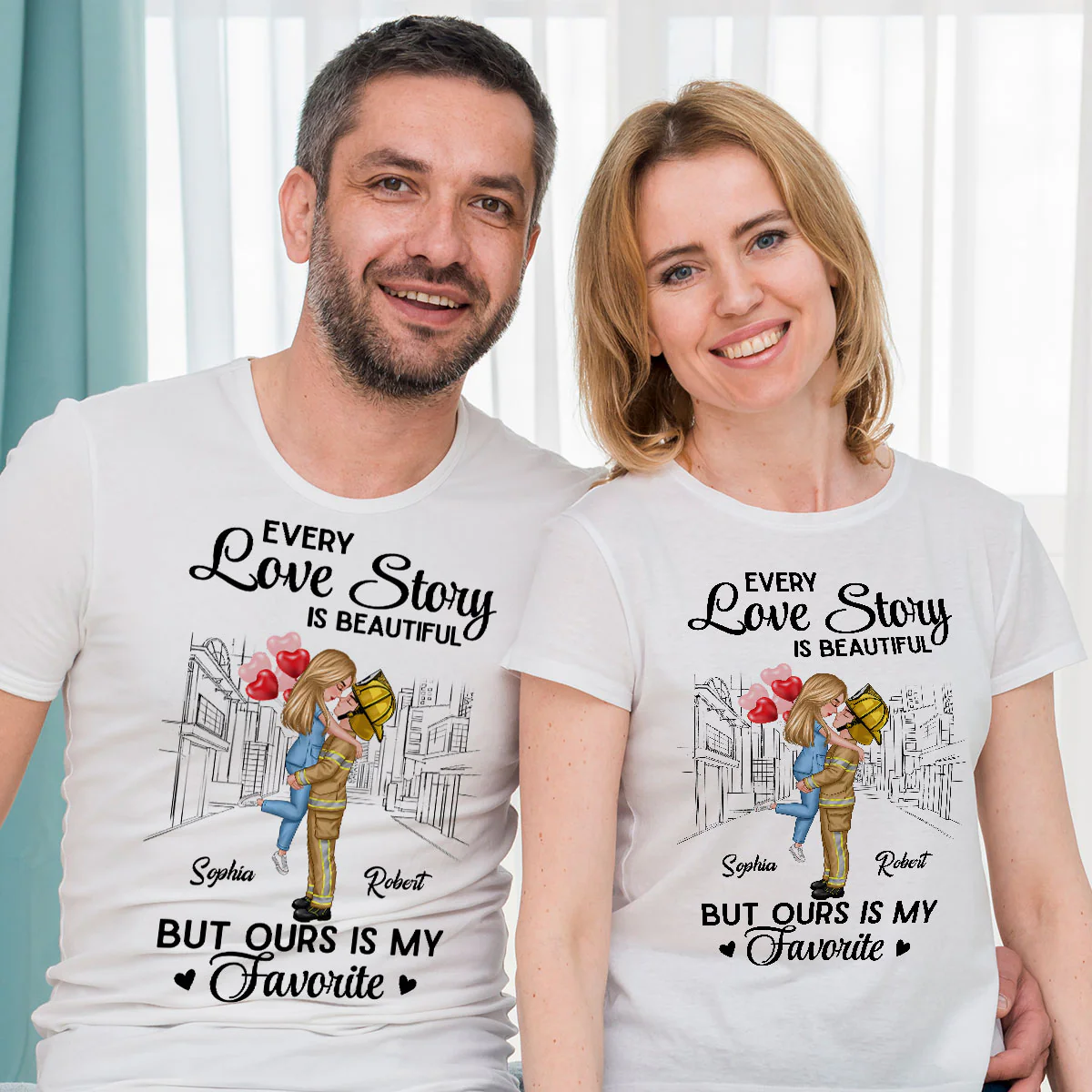Our Love Story Is The Best Couple Hugging Kissing Gifts by Occupation Gift For Her Gift For Him Firefighter, Nurse, Police Officer Personalized Matching Shirts - Image 6