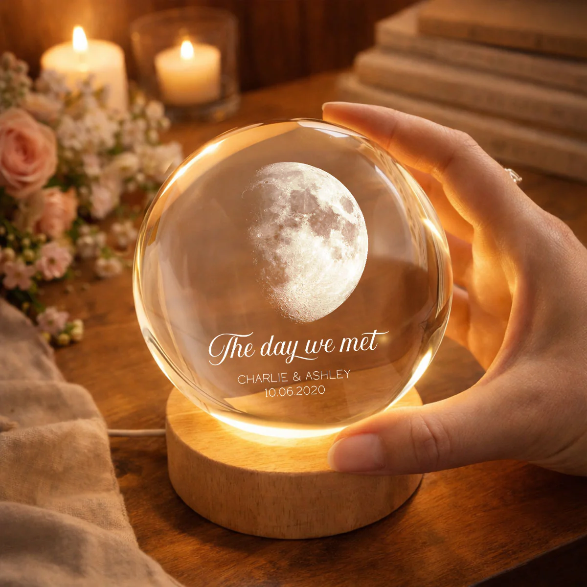 Our Moon Couple Anniversary Date - Personalized Crystal Ball LED Night Light - Sentimental Valentine's Day Gift for Her, for Him - Image 7