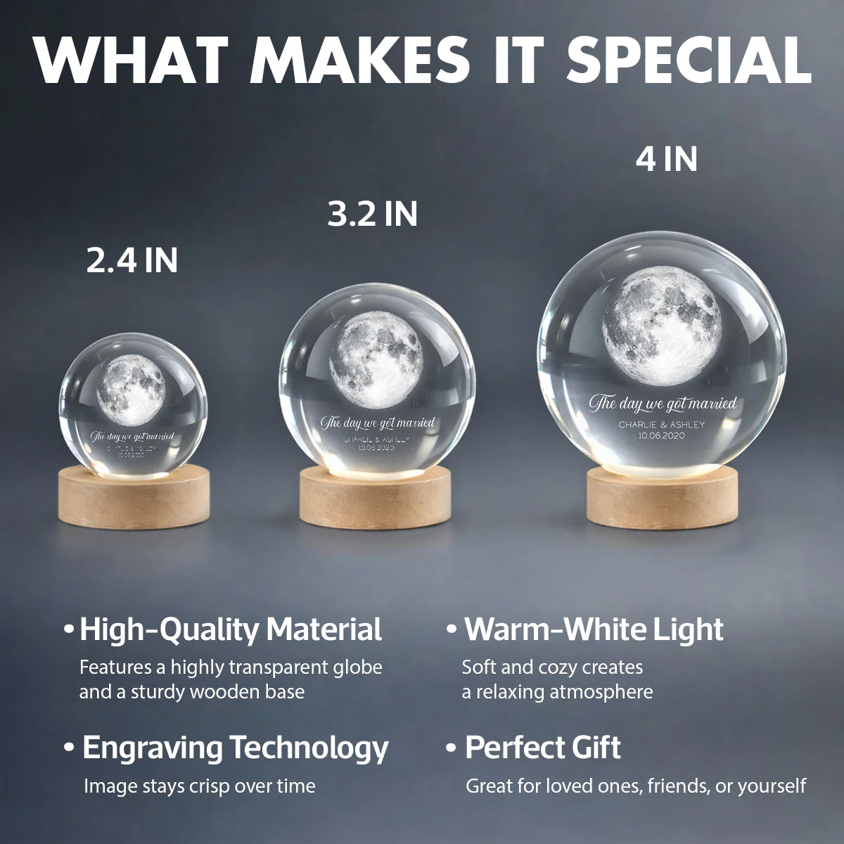 Our Moon Couple Anniversary Date - Personalized Crystal Ball LED Night Light - Sentimental Valentine's Day Gift for Her, for Him - Image 9