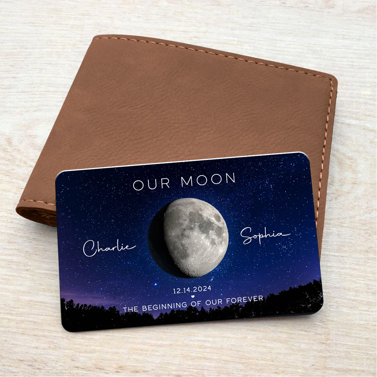 Our Moon Couple Gift Moon Phase Art Anniversary Gift For Him Personalized Metal Wallet Card - Image 4