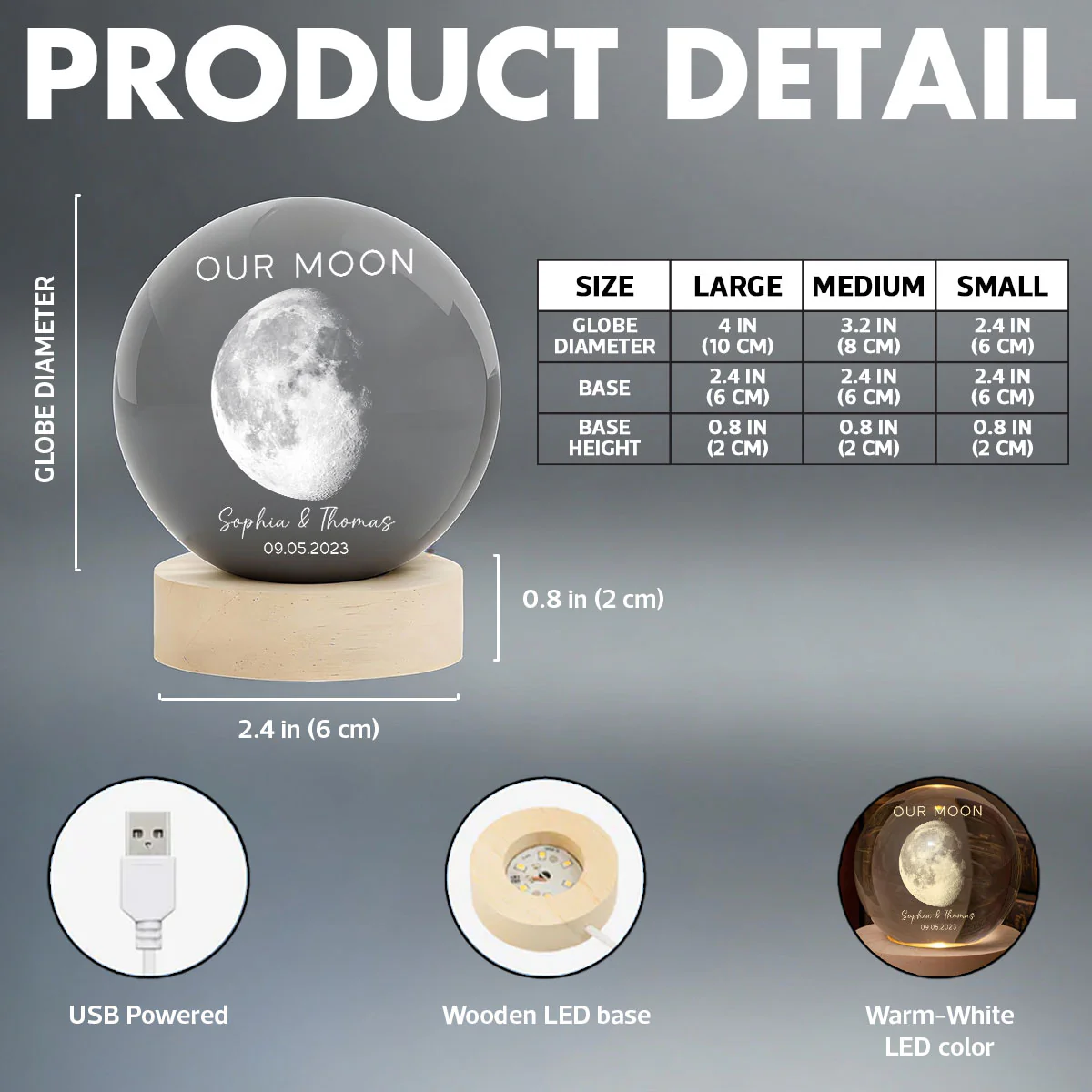 Our Moon Special Day Custom Moon Phase - Personalized Crystal Ball LED Night Light - Valentine's Day Gift For Couple - Image 10