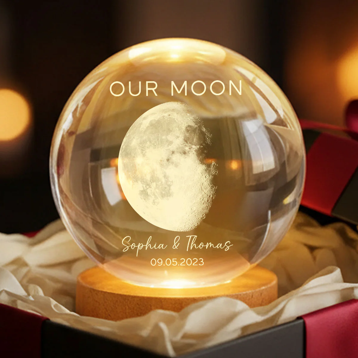 Our Moon Special Day Custom Moon Phase - Personalized Crystal Ball LED Night Light - Valentine's Day Gift For Couple - Image 5