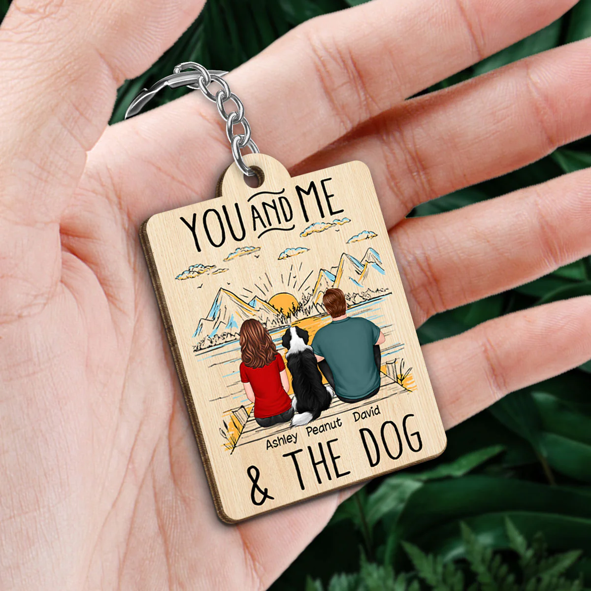 Outline Background Back View Couple And Dogs Personalized Wooden Keychain - Image 2