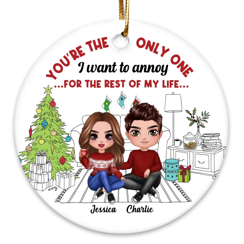Outline Background Christmas Doll Couple Christmas Personalized Circle Ornament - Image 3