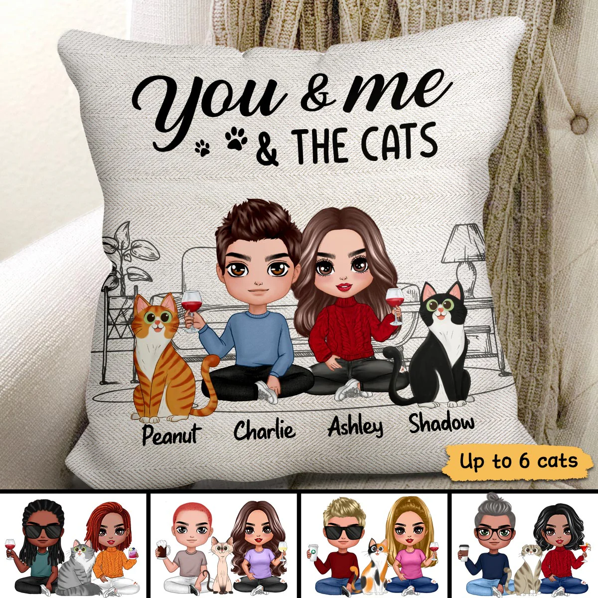 Outline Background Doll Couple Sitting You Me The Cats Personalized Pillow - Image 2