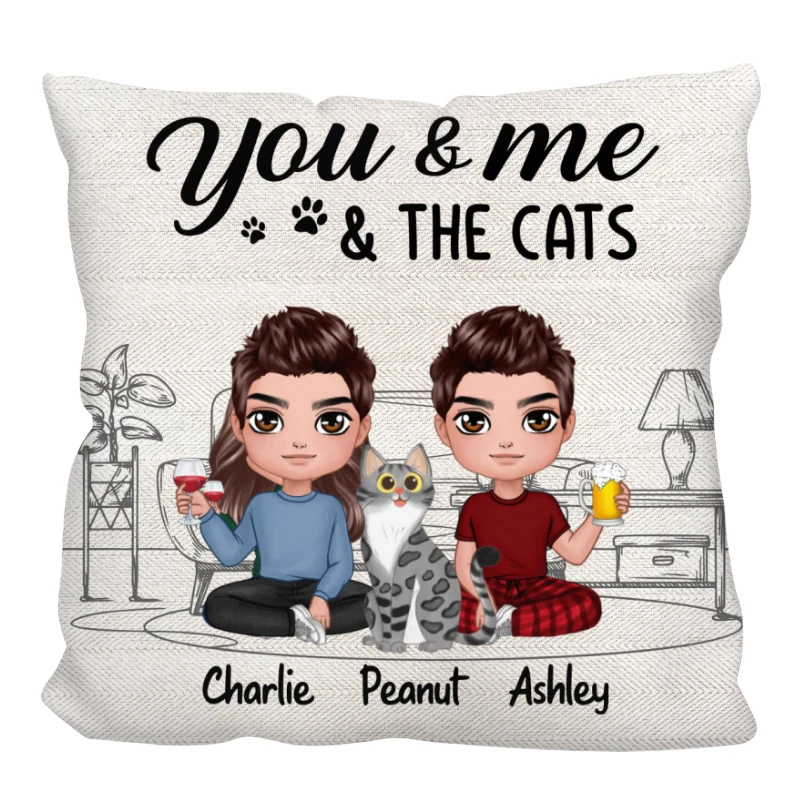 Outline Background Doll Couple Sitting You Me The Cats Personalized Pillow - Image 3