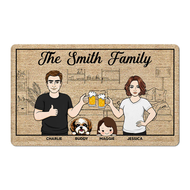 Outline Background Family Kids Dogs Cats Home Sweet Home Personalized Doormat
