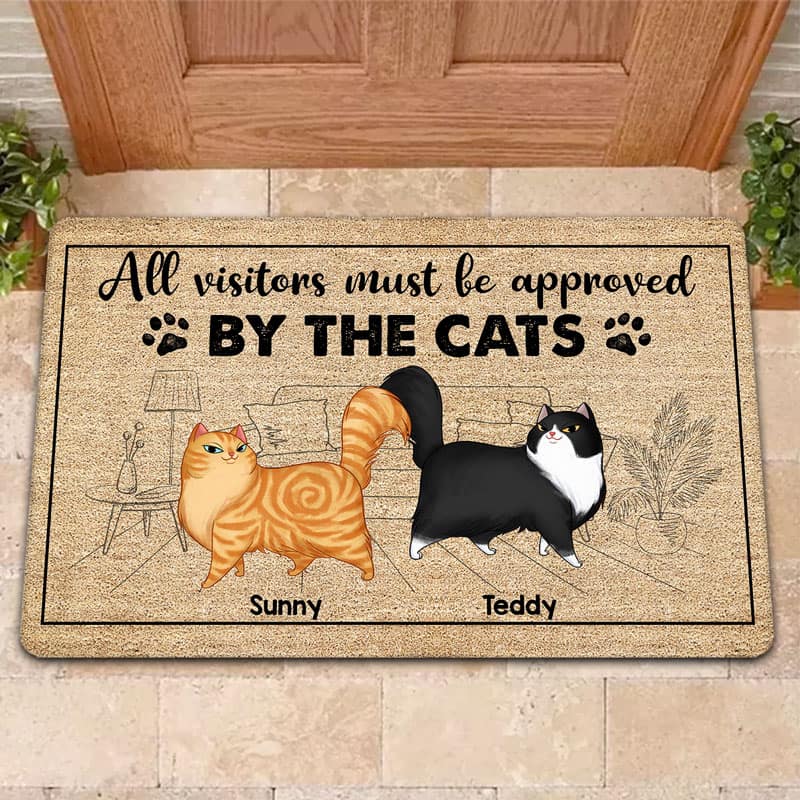 Outline Background In House Cartoon Walking Fluffy Cats Personalized Doormat - Image 2