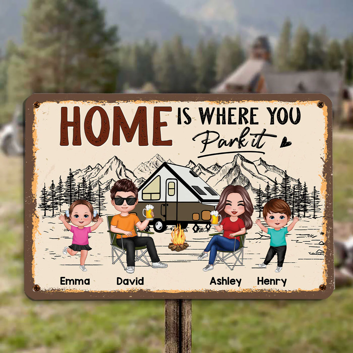Outline Background Whole Family Doll Couple Dad Mom Kids Dogs Cats Camping Personalized Metal Sign - Image 2