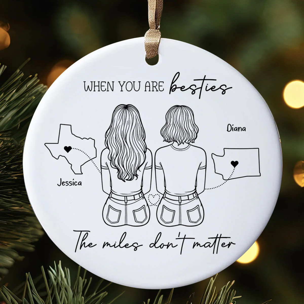 Outline Besties Sisters Long Distance Personalized Circle Ornament, Christmas Gift