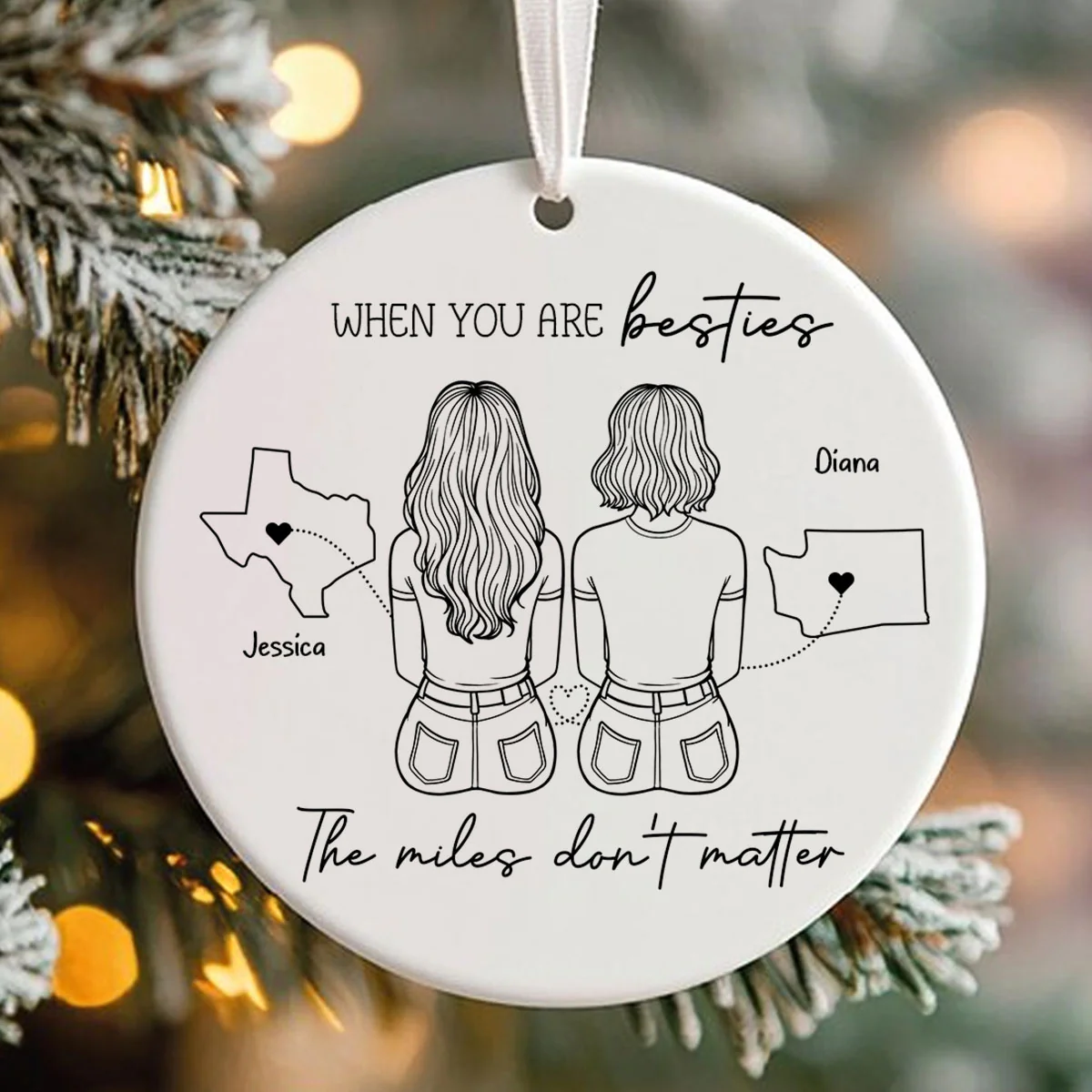 Outline Besties Sisters Long Distance Personalized Circle Ornament, Christmas Gift - Image 3