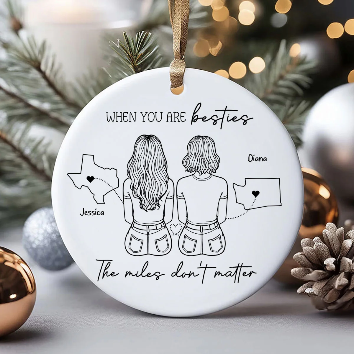 Outline Besties Sisters Long Distance Personalized Circle Ornament, Christmas Gift - Image 4