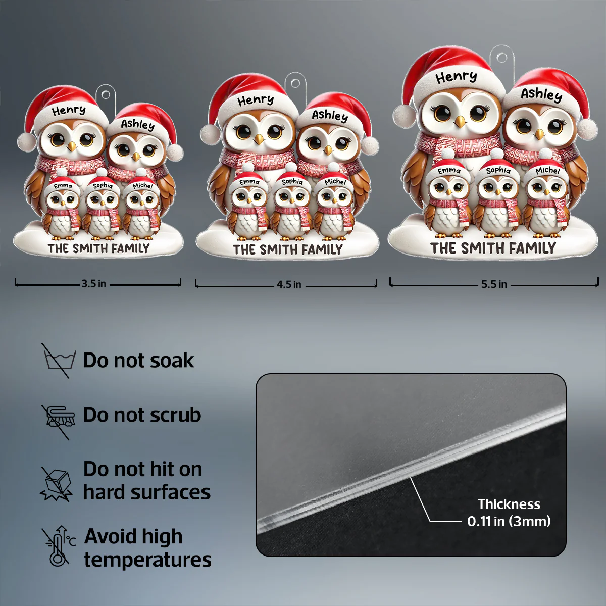 3D Effect Owl Family Christmas Personalized Acrylic Ornament - Image 8
