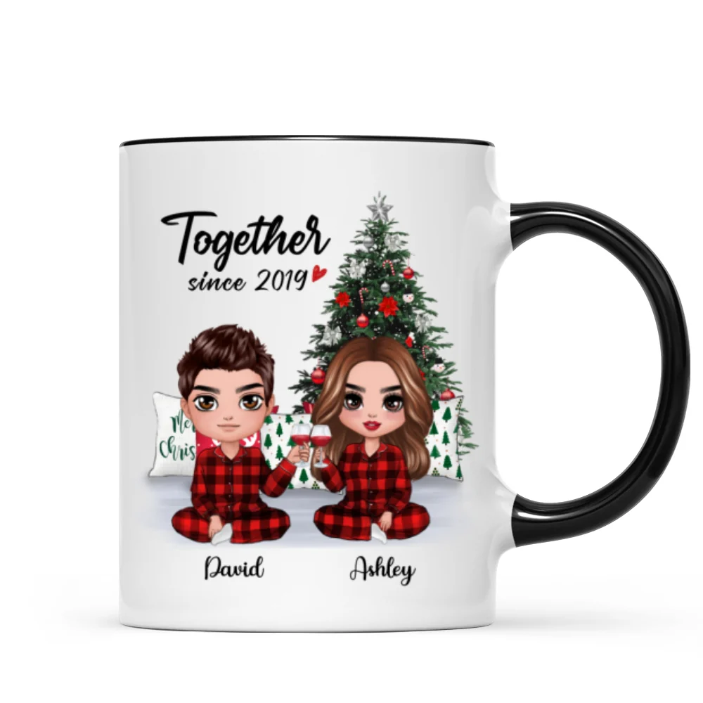 Pajama Doll Couple Sitting Beside Christmas Tree Personalized Mug - Image 2