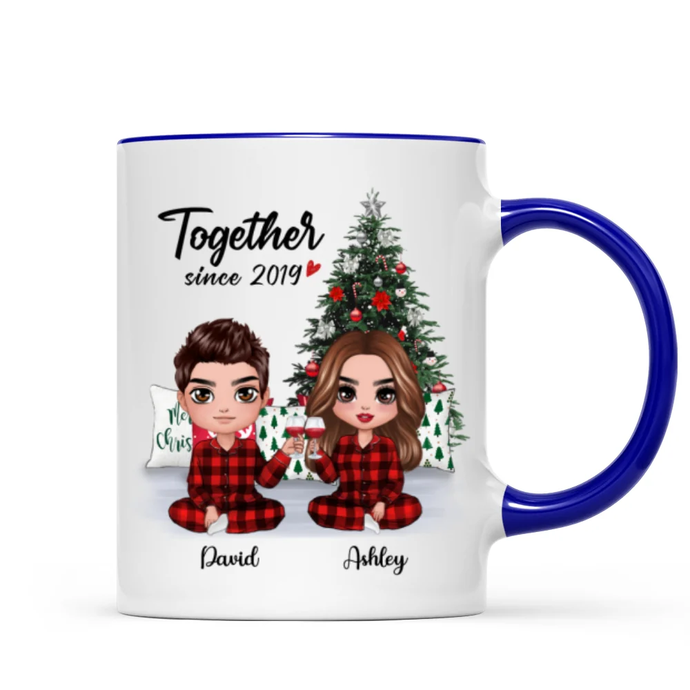 Pajama Doll Couple Sitting Beside Christmas Tree Personalized Mug - Image 3