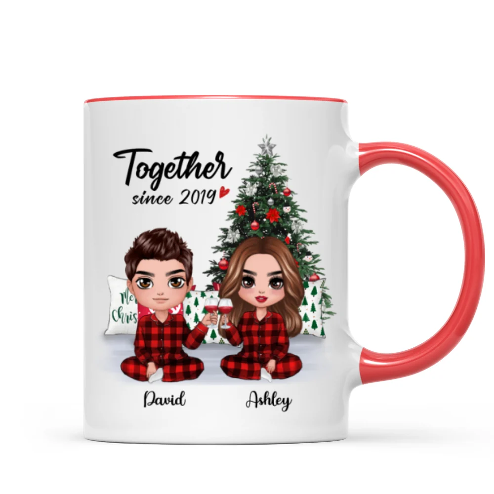 Pajama Doll Couple Sitting Beside Christmas Tree Personalized Mug - Image 4