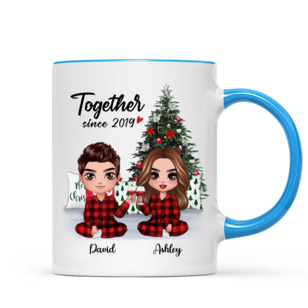 Pajama Doll Couple Sitting Beside Christmas Tree Personalized Mug - Image 5