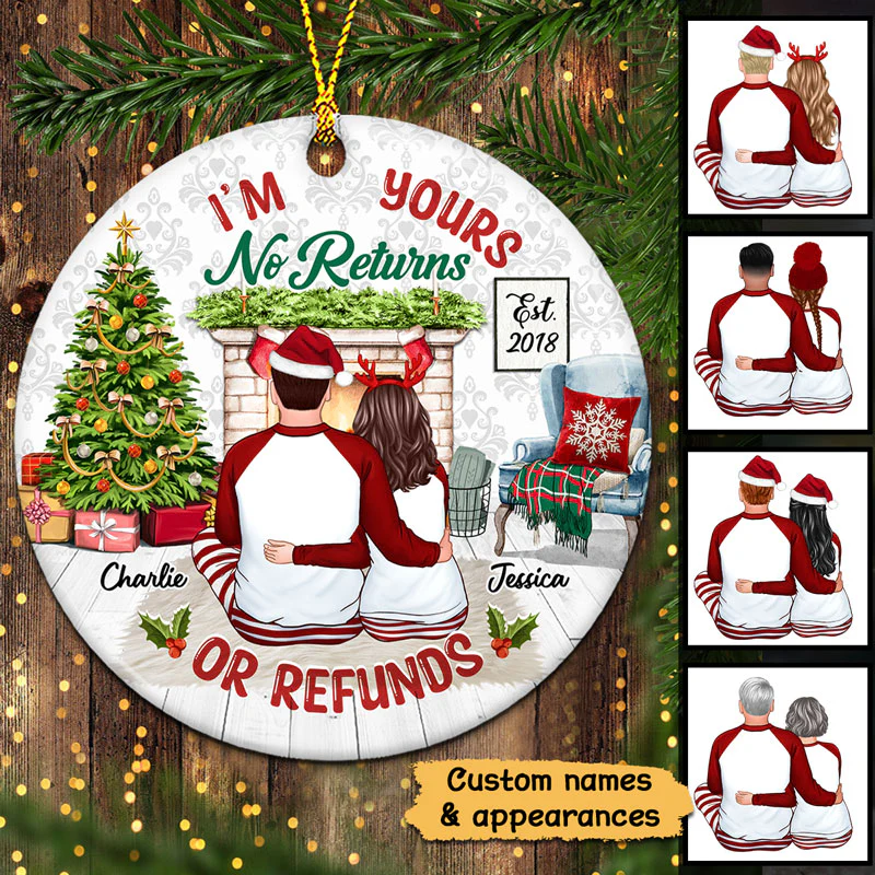 Pajamas Couple Back View Sitting At Fireplace I‘m Yours No Returns Or Refund Personalized Circle Ornament - Image 2