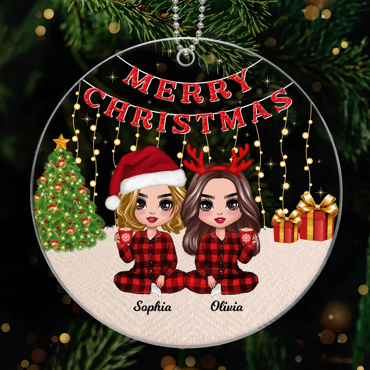 Pajamas Doll Besties Christmas Light Strings Personalized Acrylic Ornament