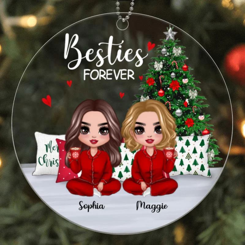 Pajamas Doll Besties Sisters Sitting Christmas Personalized Acrylic Ornament