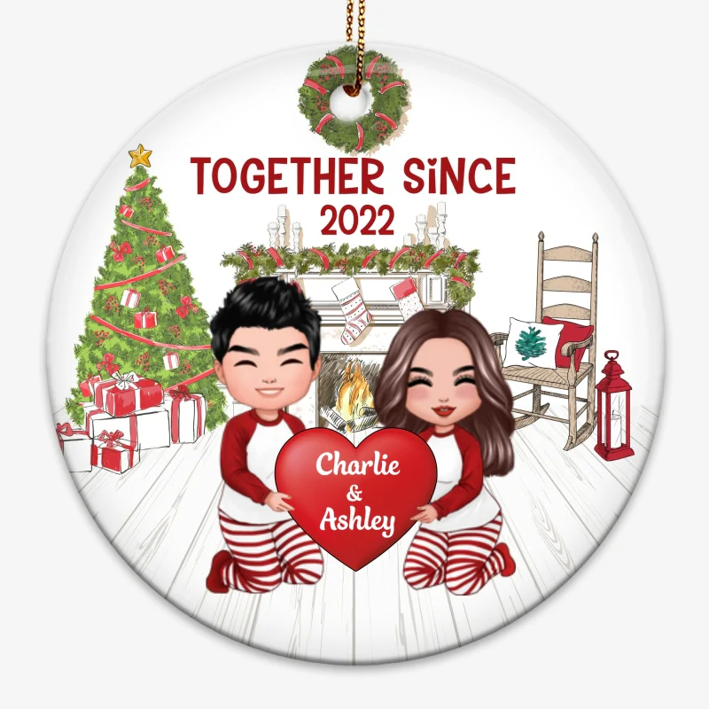 Pajamas Doll Couple Holding Heart Christmas Personalized Circle Ornament