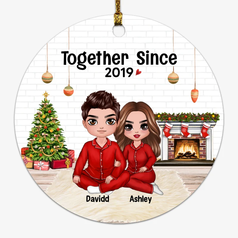Pajamas Doll Couple Sitting Embracing In House Personalized Circle Ornament - Image 2