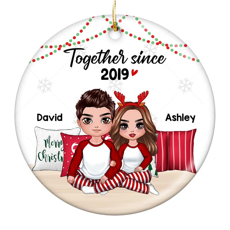 Pajamas Doll Couple Sitting Embracing Personalized Circle Ornament