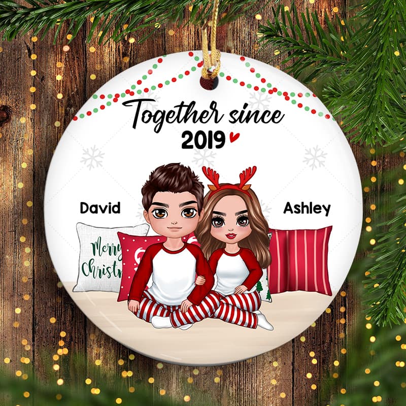 Pajamas Doll Couple Sitting Embracing Personalized Circle Ornament - Image 3