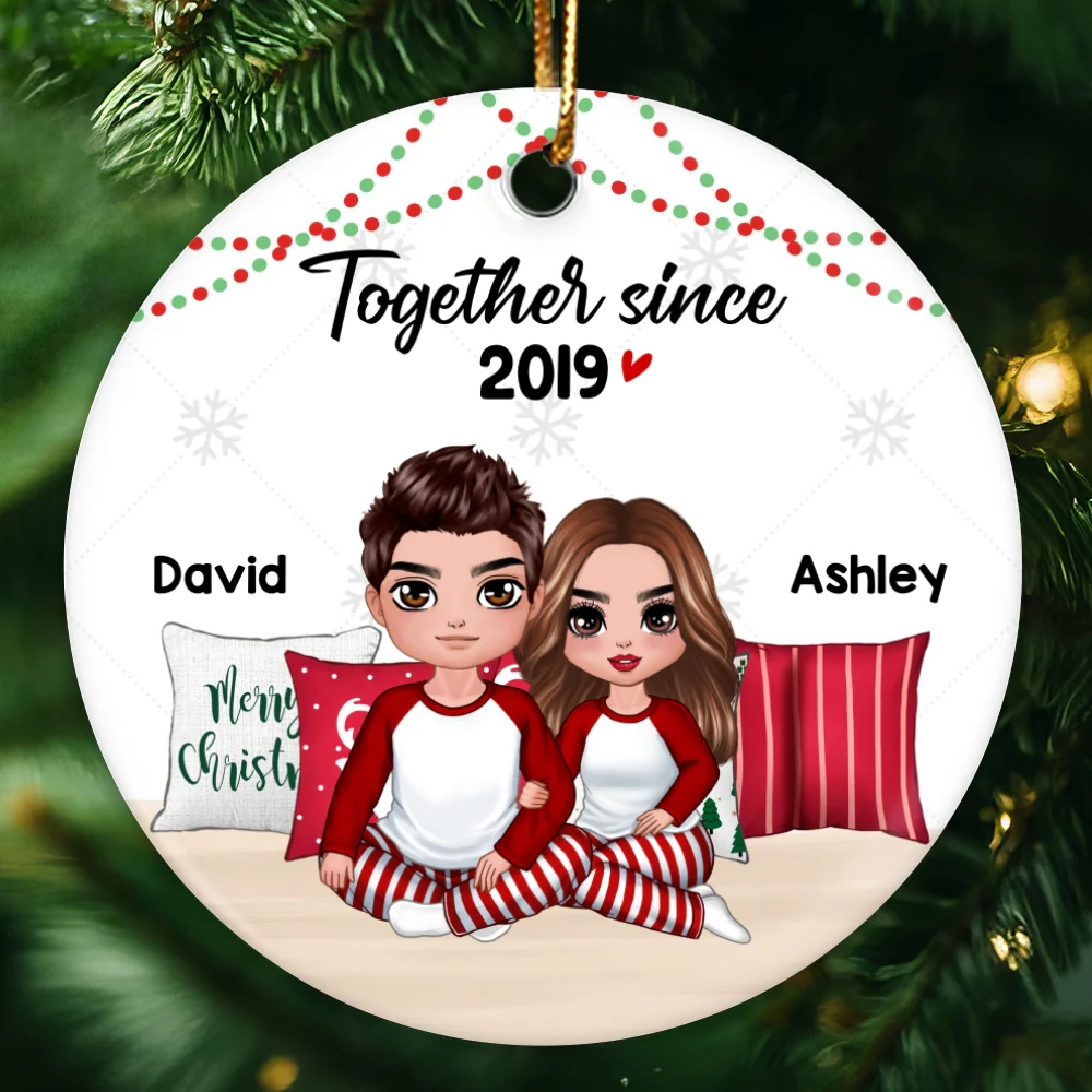 Pajamas Doll Couple Sitting Embracing Personalized Circle Ornament - Image 5