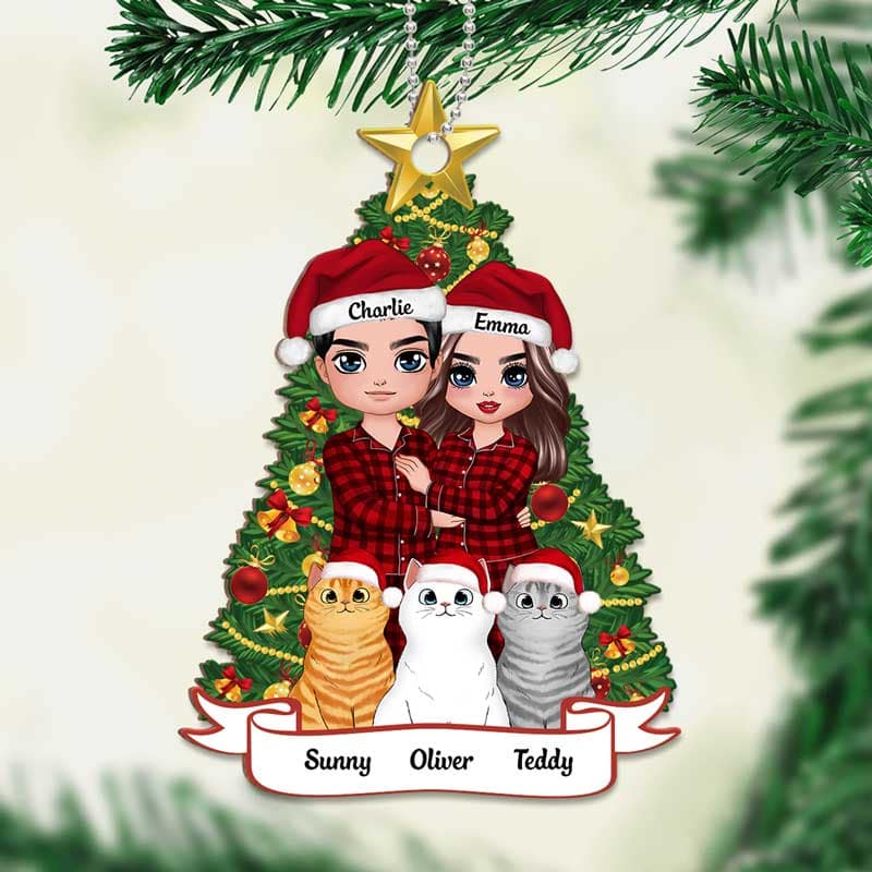 Pajamas Doll Couple Standing With Cats Personalized Wooden Ornament - Image 3