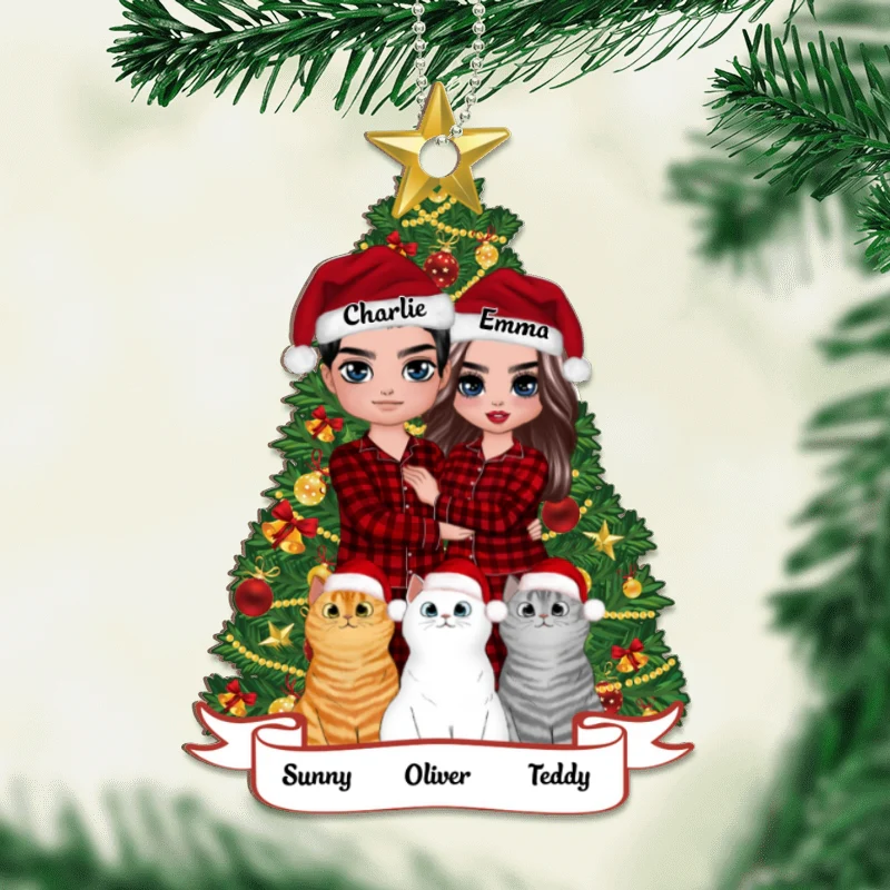 Pajamas Doll Couple Standing With Cats Personalized Wooden Ornament - Image 4