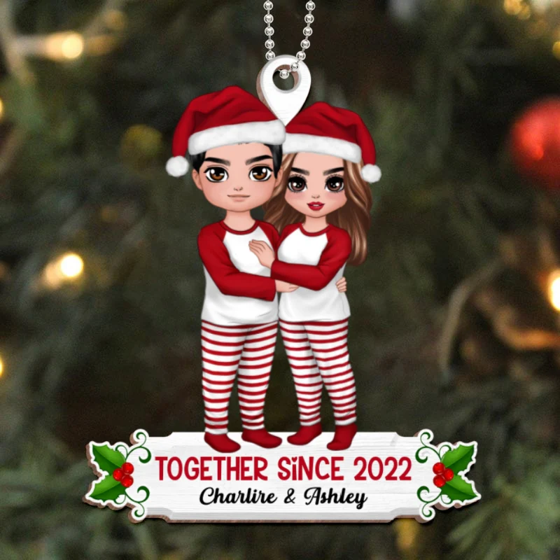 Pajamas Doll Couple Together Since Personalized Wooden Ornament - Image 4