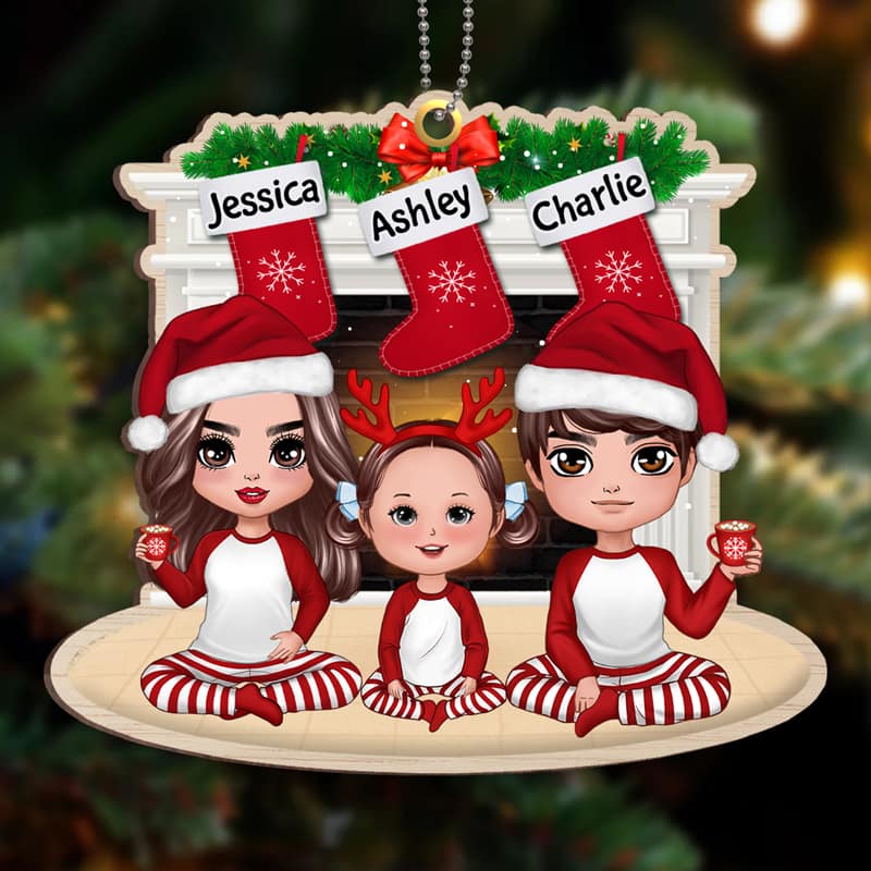 Pajamas Doll Family Sitting At Fireplace Personalized Wooden Ornament - Image 2