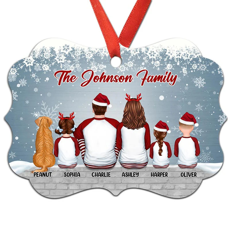 Pajamas Family Back View Dog Cat Snow Wall Personalized Christmas Ornament