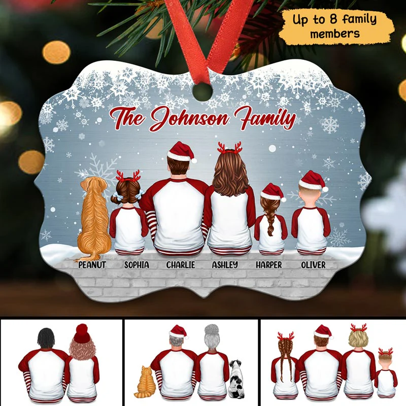 Pajamas Family Back View Dog Cat Snow Wall Personalized Christmas Ornament - Image 2