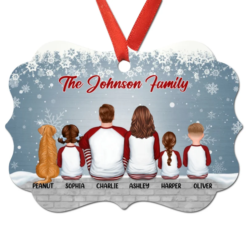 Pajamas Family Back View Dog Cat Snow Wall Personalized Christmas Ornament - Image 3