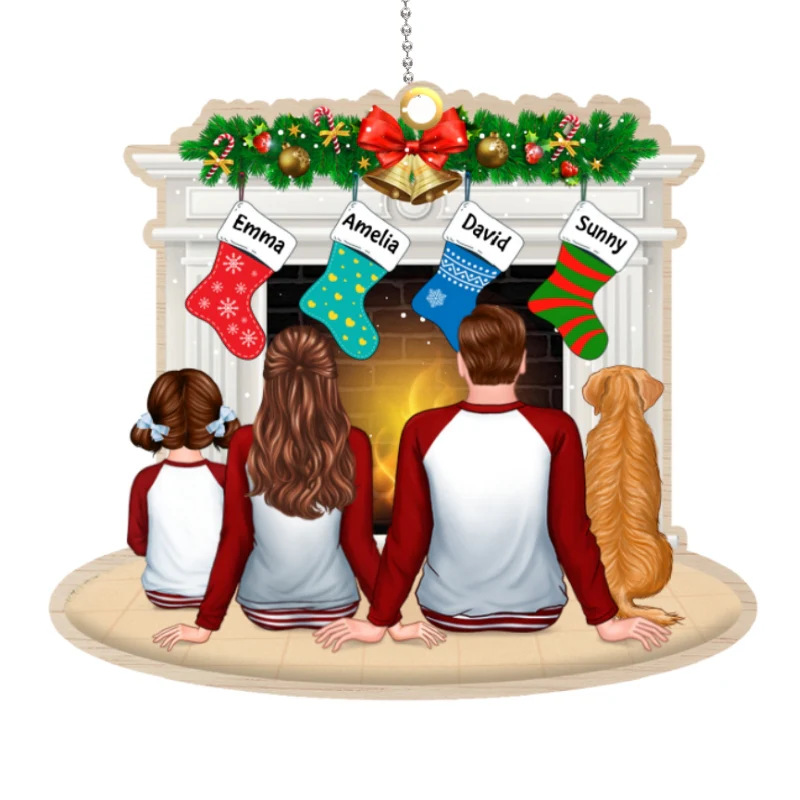 Pajamas Family Christmas Stockings Fireplace Personalize Wooden Ornament - Image 4