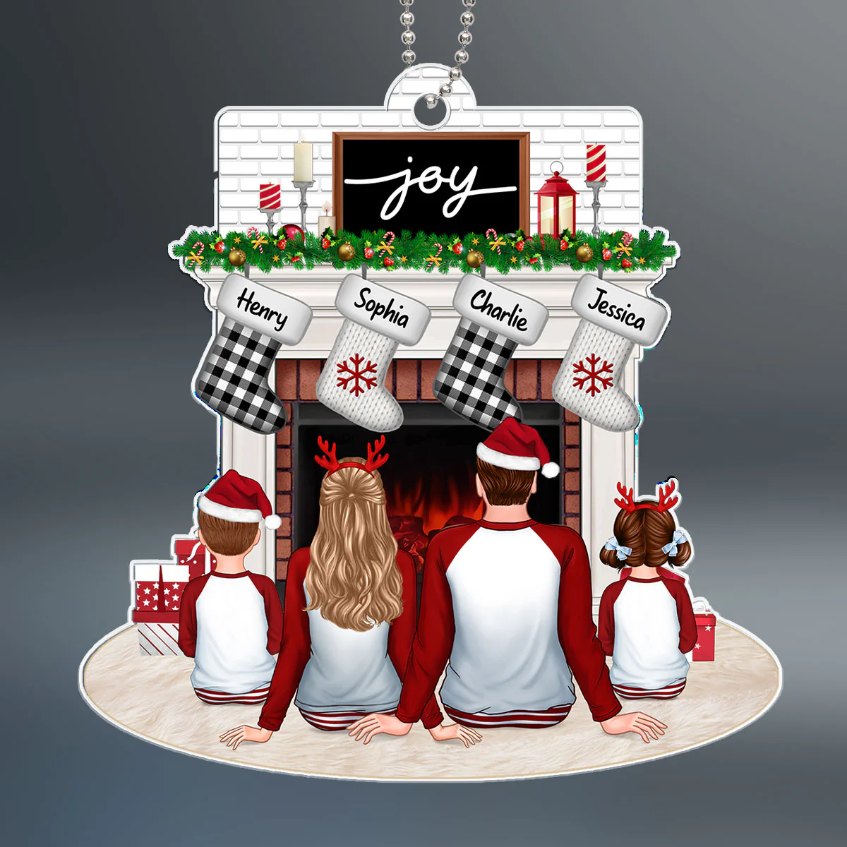Pajamas Family Dad Mom Kids Dogs Cats Sitting At Christmas Fireplace Personalized Acrylic Ornament - Image 2