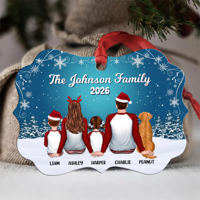 Pajamas Family In Snow Night Personalized Christmas Ornament - Image 2