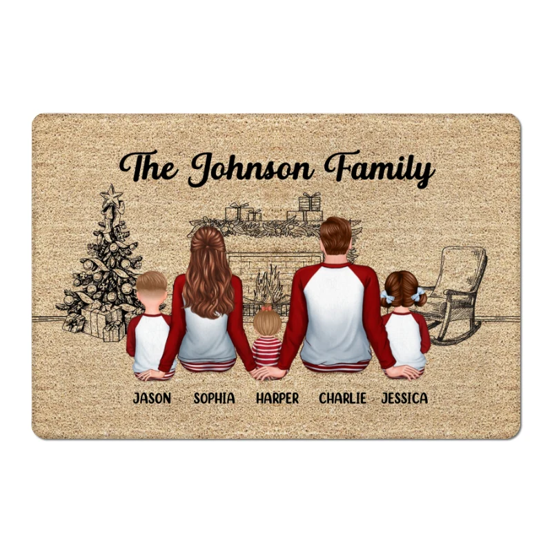 Pajamas Family Sitting At Fireplace Sketch Personalized Doormat - Image 4