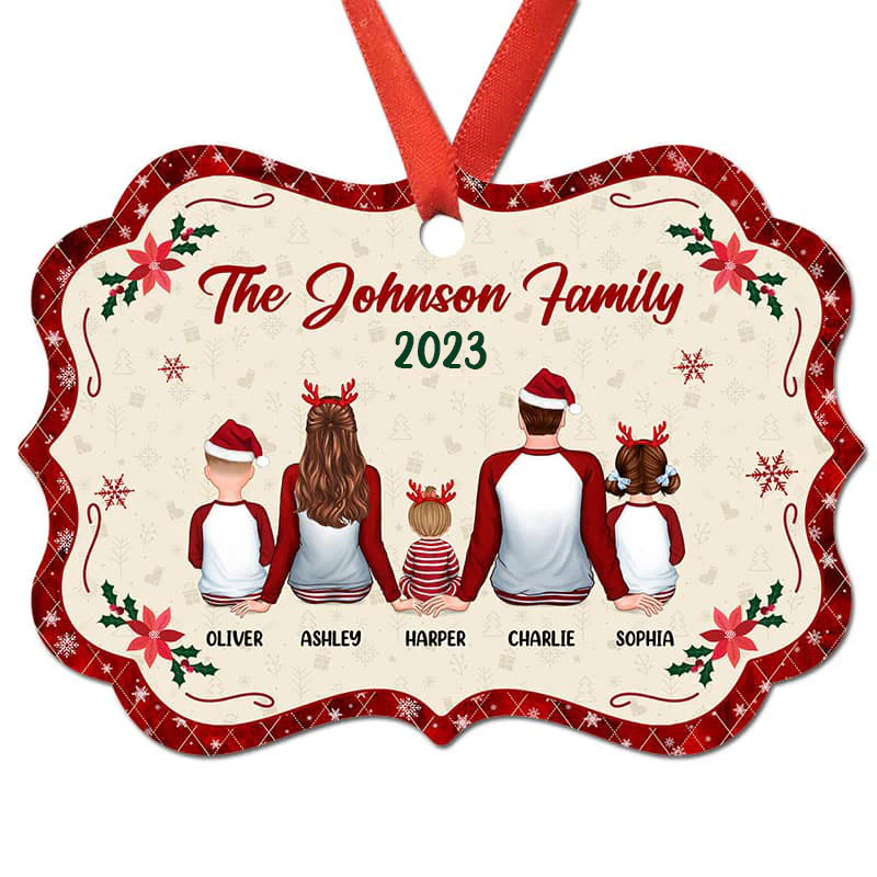 Pajamas Family Sitting Back View Christmas Vibe Red Border Personalized Christmas Ornament